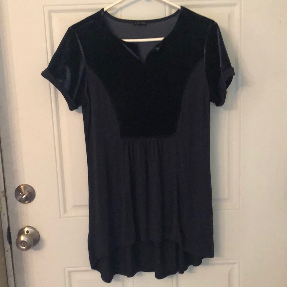 Free People Hannah Navy Blue Velvet Paneled Hi Low Tunic Top